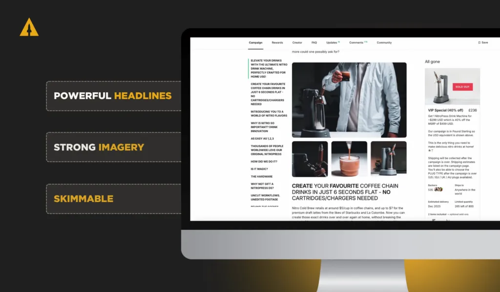 Kickstarter campaign page that converts example