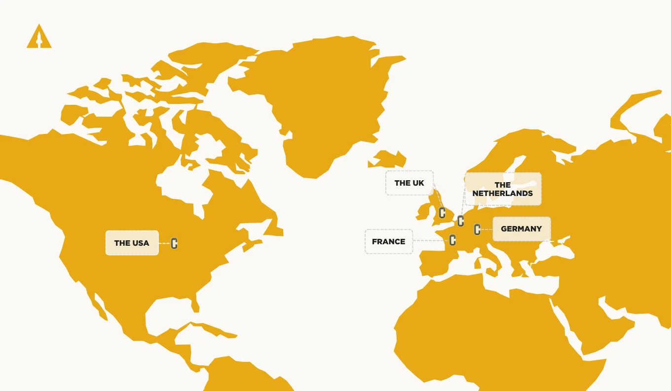 Map of CHA's top backer countries: the USA, the UK, the Netherlands, Germany, and France