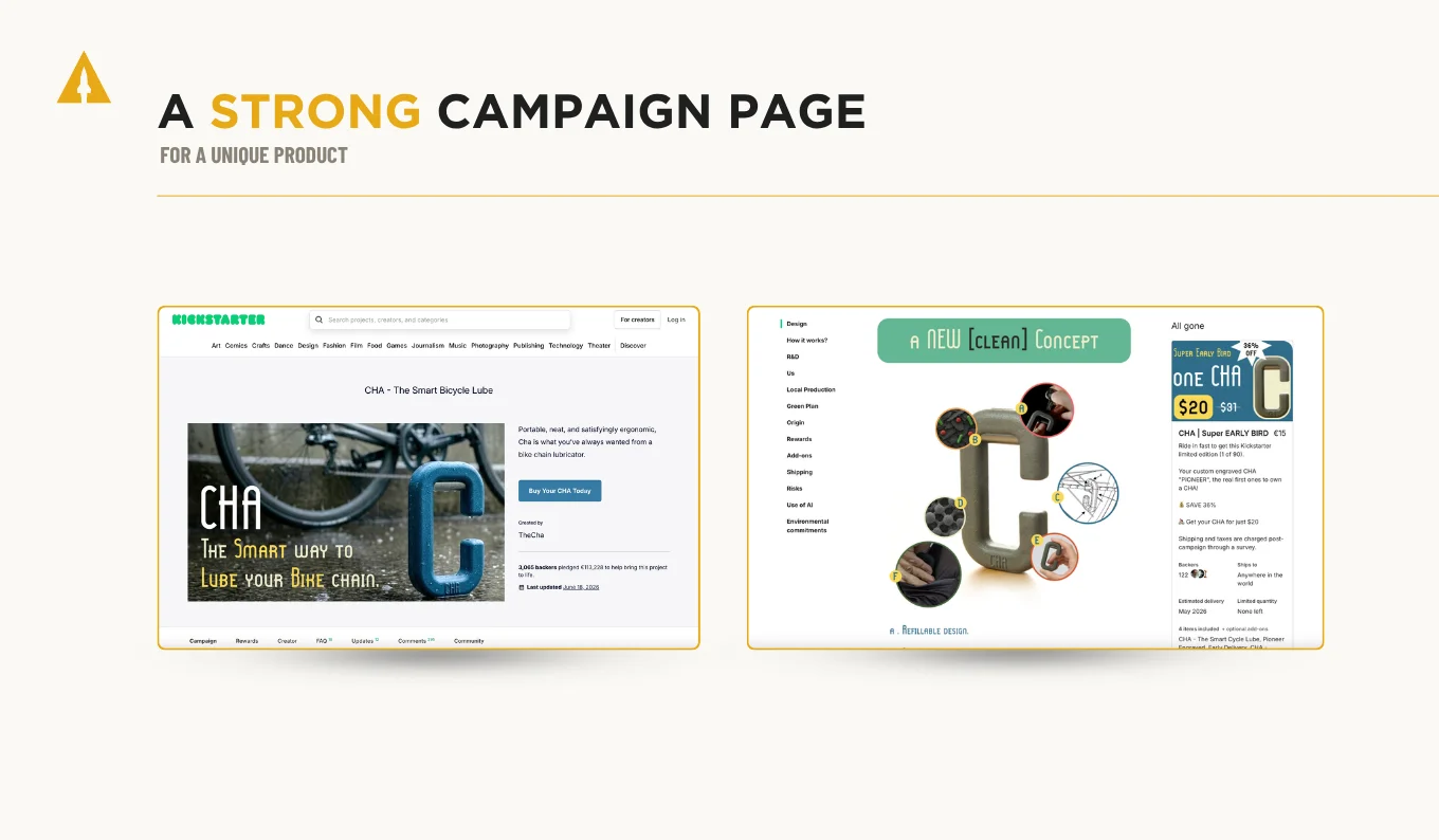 CHA's Kickstarter campaign page for a unique product
