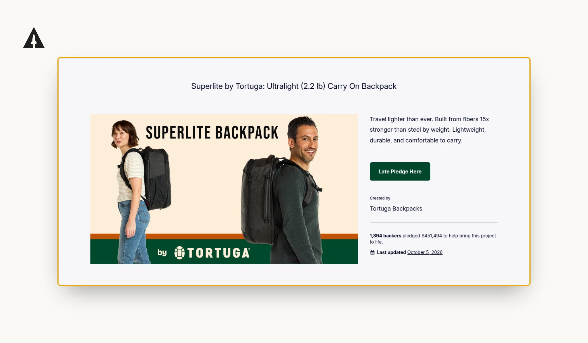 The top of the Superlite Backpack campaign page, with its title, main image of two travelers wearing the bag, and pledge stats