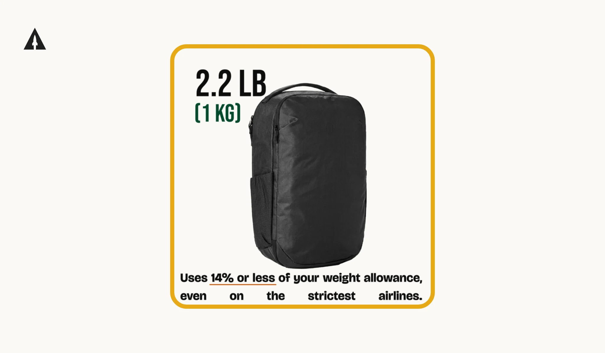 A black Superlite Backpack standing upright, with its light weight called out beside it