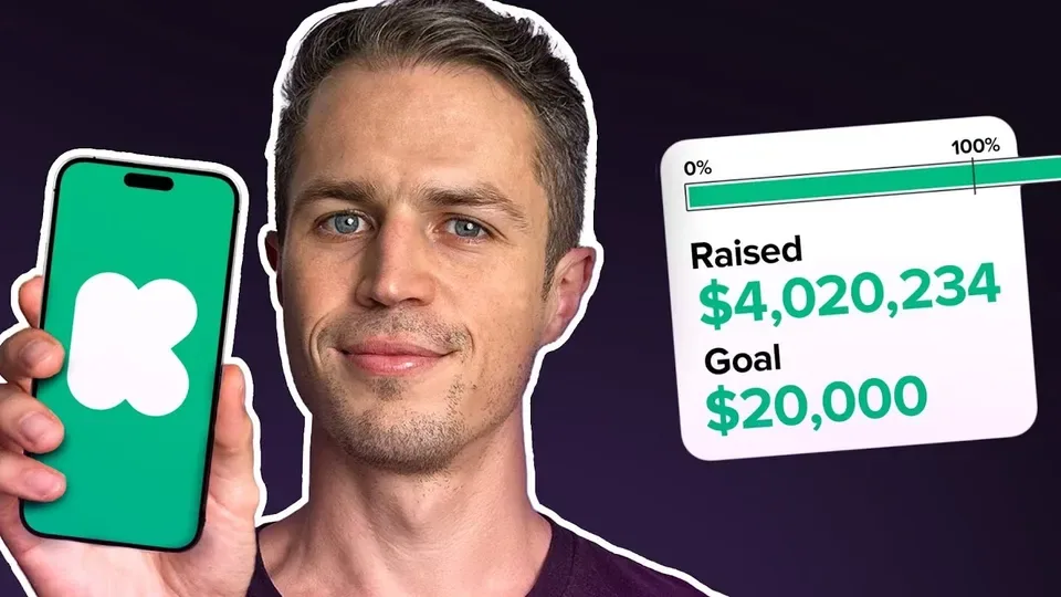 Mark Pecota holding a phone showing Kickstarter, beside a funding bar reading Raised $4,020,234 of a $20,000 goal