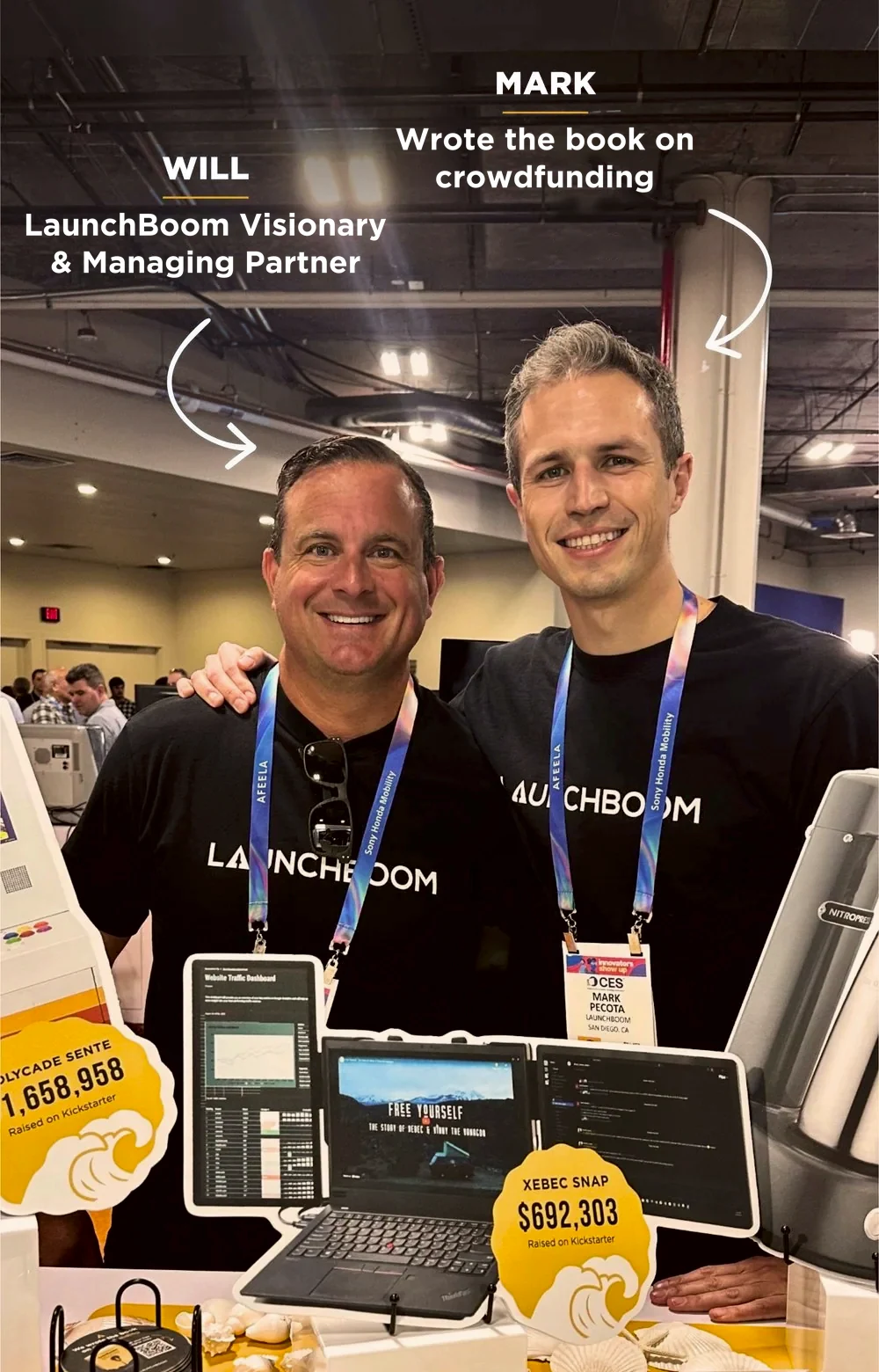 Will and Mark at the LaunchBoom booth at CES 2026: Will is LaunchBoom’s visionary and managing partner, Mark wrote the book on crowdfunding