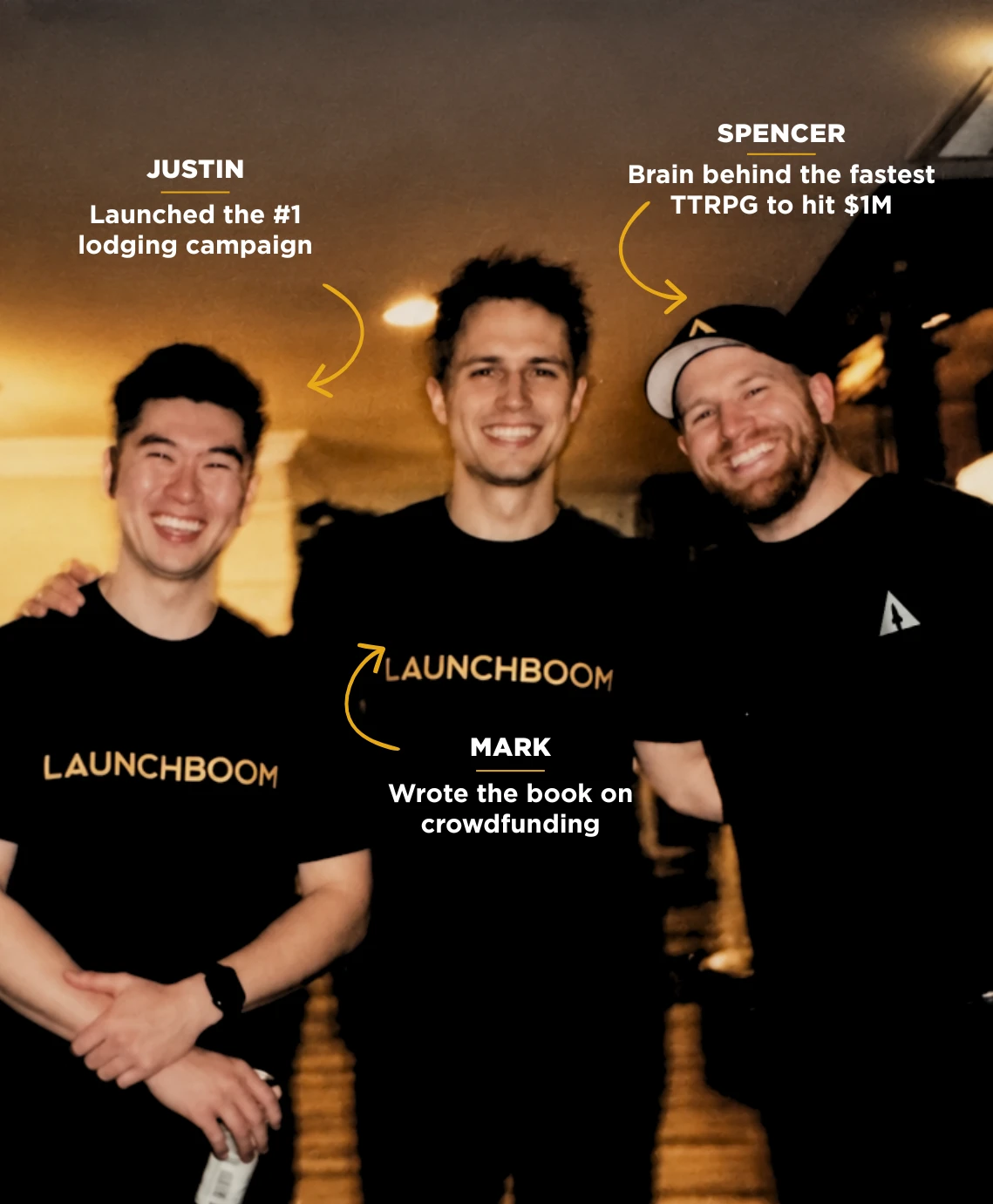 Justin, Mark, and Spencer in LaunchBoom shirts: Justin launched the #1 lodging campaign, Mark wrote the book on crowdfunding, Spencer is the brain behind the fastest TTRPG to hit $1M
