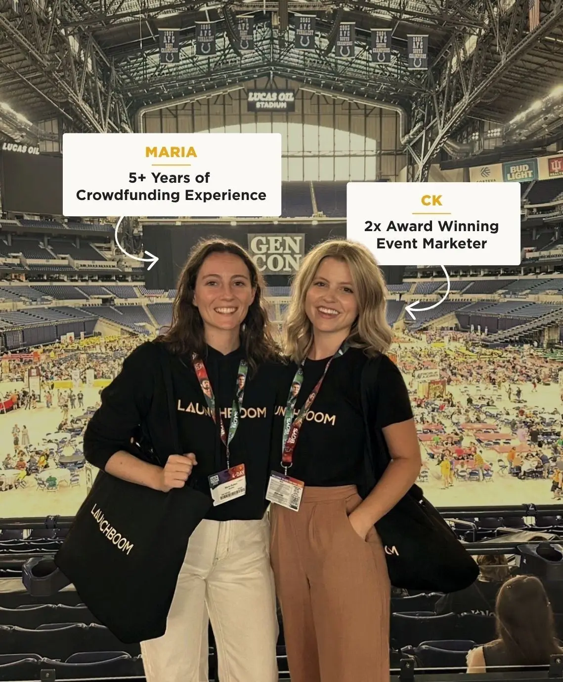 Maria and CK at Gen Con: Maria has 5+ years of crowdfunding experience, CK is a 2x award-winning event marketer