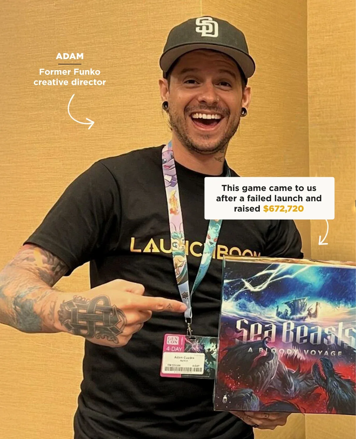 Adam, former Funko creative director, holding the Sea Beasts game that came to LaunchBoom after a failed launch and raised $672,720