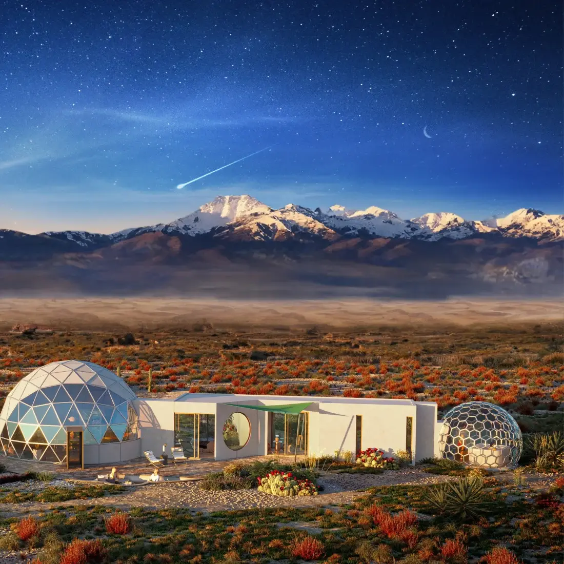 Geodesic domes and a resort under a starry mountain sky