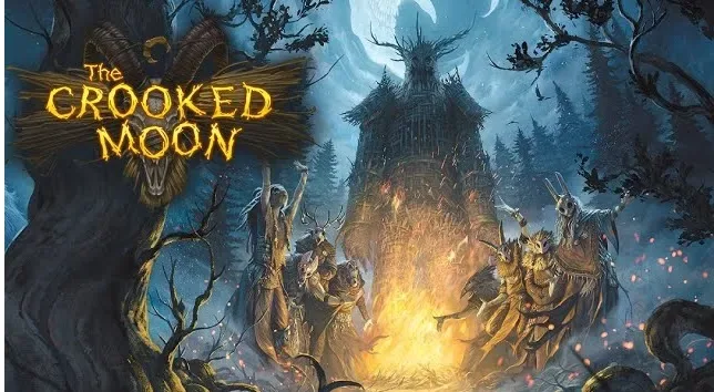 The Crooked Moon cover art: adventurers facing a horned beast by firelight outside a leaning tower