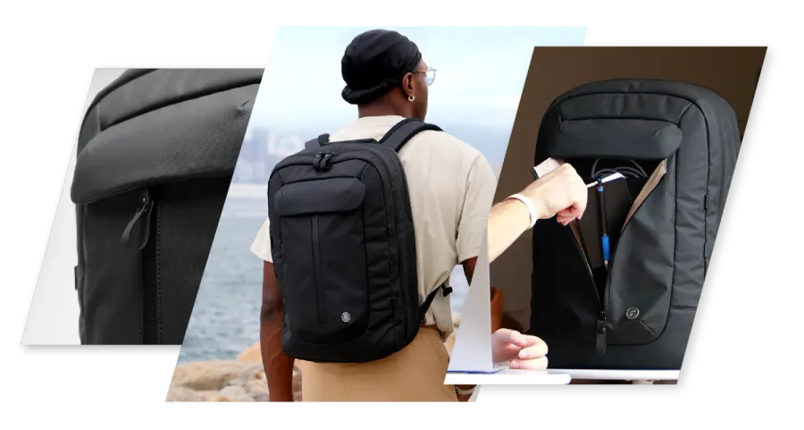 The Fyro backpack shown from three angles: front, worn on a beach, and opened to its laptop sleeve