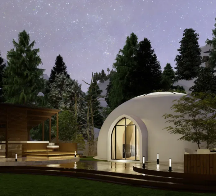 An Oculis Lodge dome cabin lit from within at dusk, ringed by pine trees under a starry sky