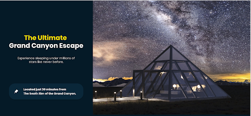 The landing page for the Nomads Pad crowdfunding campaign featuring a photo rendering of the glass pyramid accommodations.