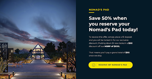 A screenshot of the Nomad's Pad CTA page with the $1 reservation button.