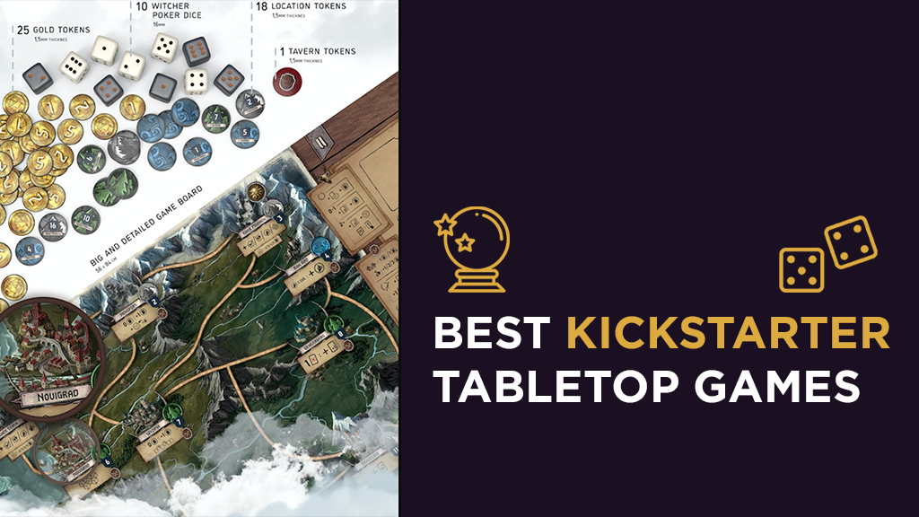 A top-down view of a game board with dice and game pieces scattered all over. To the right of the game board a caption reads: Best Kickstarter Tabletop Games.