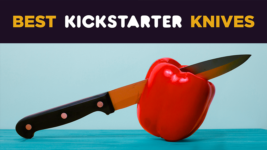 An image of a kitchen knife cutting half way through a red bell pepper against a light blue background. A caption at the top of the image reads: "Best Kickstarter Knives"