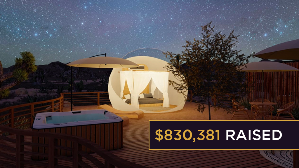 A rendering of a Bubble Hotels pod with the words "$830.381 raised" written at the bottom.