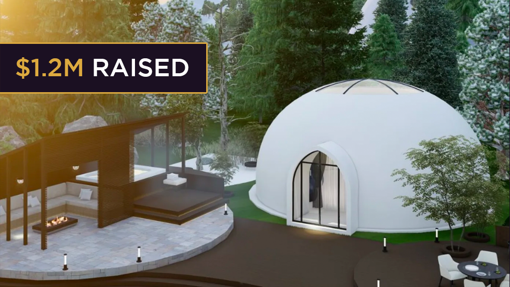 A rendering of a Oculus Lodge pod with the words "1.2M raised" written at the bottom.