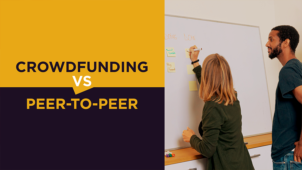 Two people stand in a classroom. One is writing on a whiteboard while the other watches. A caption on the left reads "crowdfunding vs peer-to-peer"