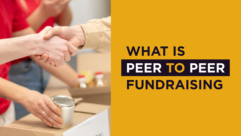 A close up shot of a handshake. A caption on the right side reads "What is Peer to Peer fundraising"