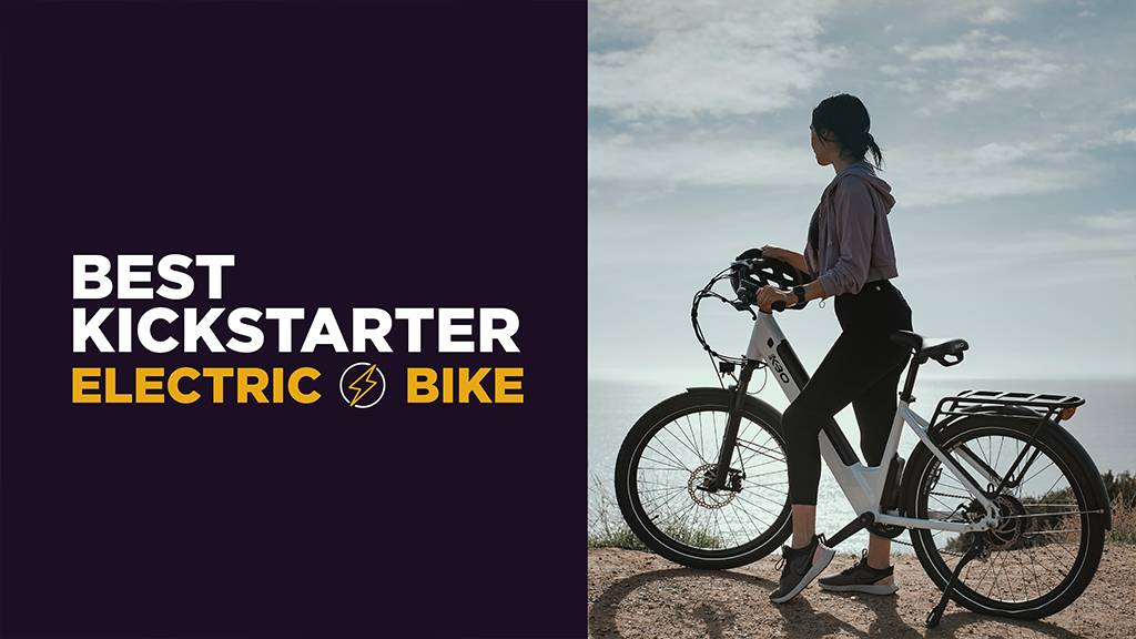 An image of someone on an E-bike on top of some boulders. A caption next to the image reads Best Kickstarter Electric Bike.