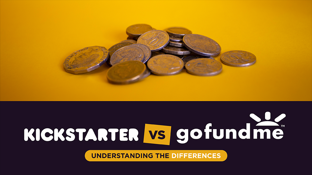A pile of coins against a yellow background. The caption at the bottom reads "Kickstarter vs GoFundMe understanding the differences"