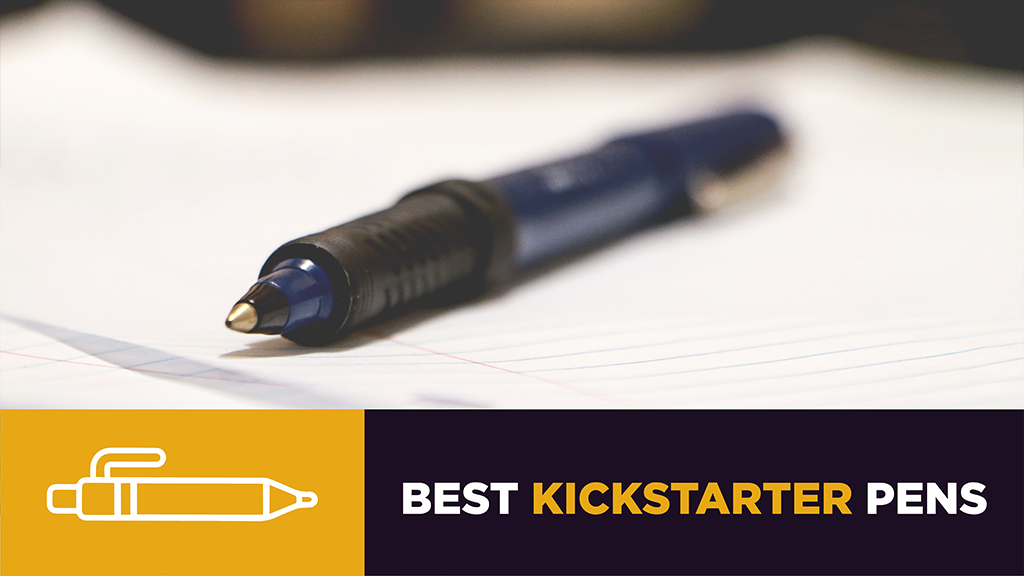 A close up of a blue ball point pen that is sitting on a piece of paper against a blurry background. The caption at the bottom reads "best Kickstarter pens"