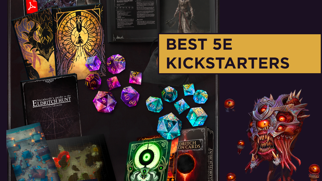 An assortment of Dungeons and Dragons accessories and a monster from 5th edition are displayed among a black background and a caption that reads: Best 5E Kickstarter.