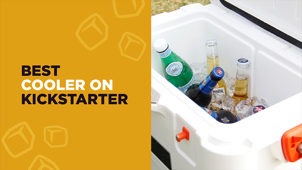 The image is split down the middle vertically. On the right side is an open cooler filled with a variety of beverages. On the left is a yellow background with white ice cubes and a caption that reads: Best Coolers on Kickstarter.