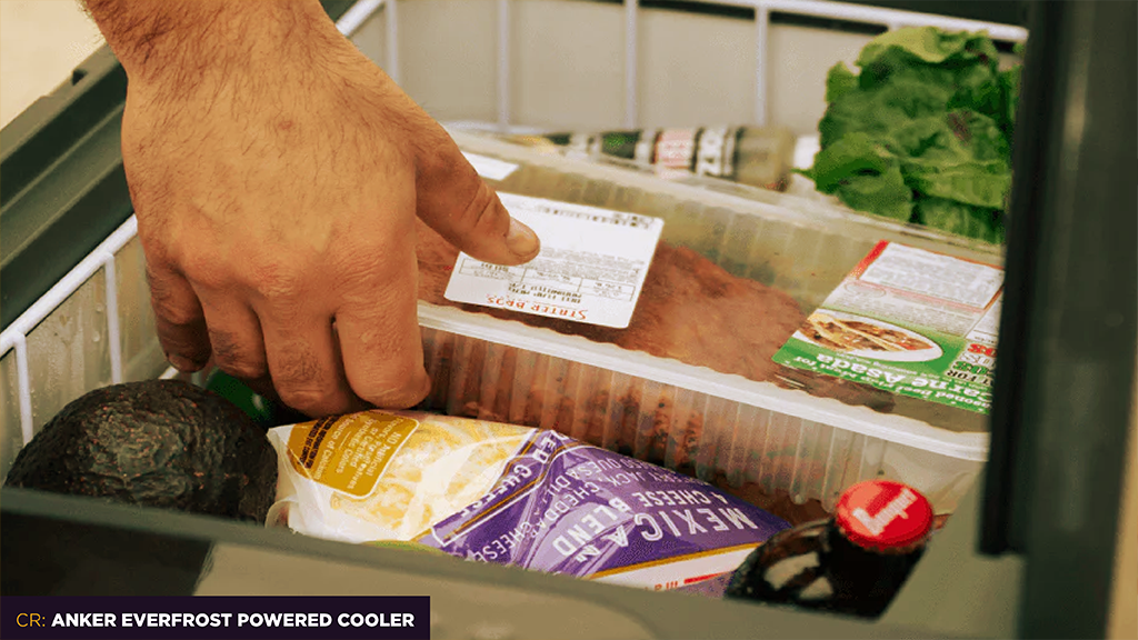 A hand reaches into a full Anker Everfrost cooler to pull out a pack of frozen ground beef.