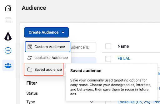 A screenshot of the audeinces menue on Meta Facebook with the saved audience tab highlighted