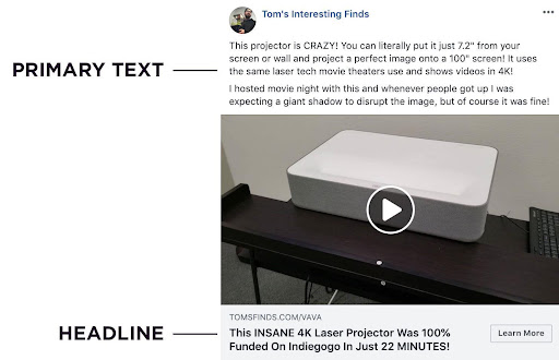 Screenshot of a Facebook ad for 4k projector showing the text at the top of the ad and the headline at the bottom.