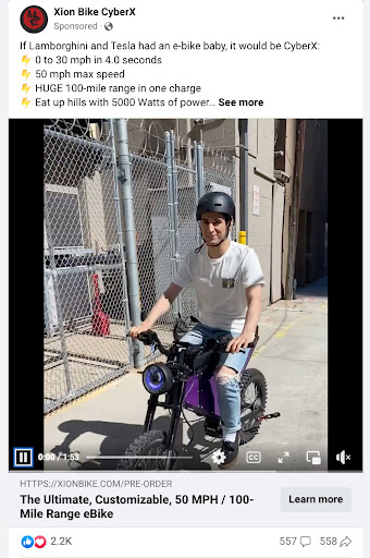 Screenshot of a Facebook ad for an EBike