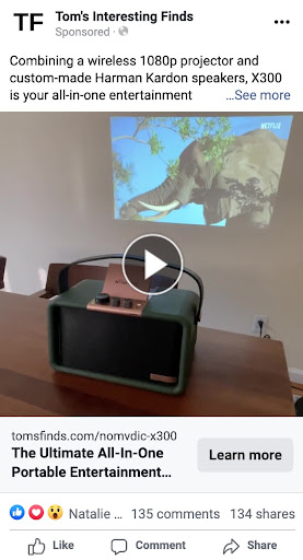 Screenshot of a Facebook ad for a X300 projector.