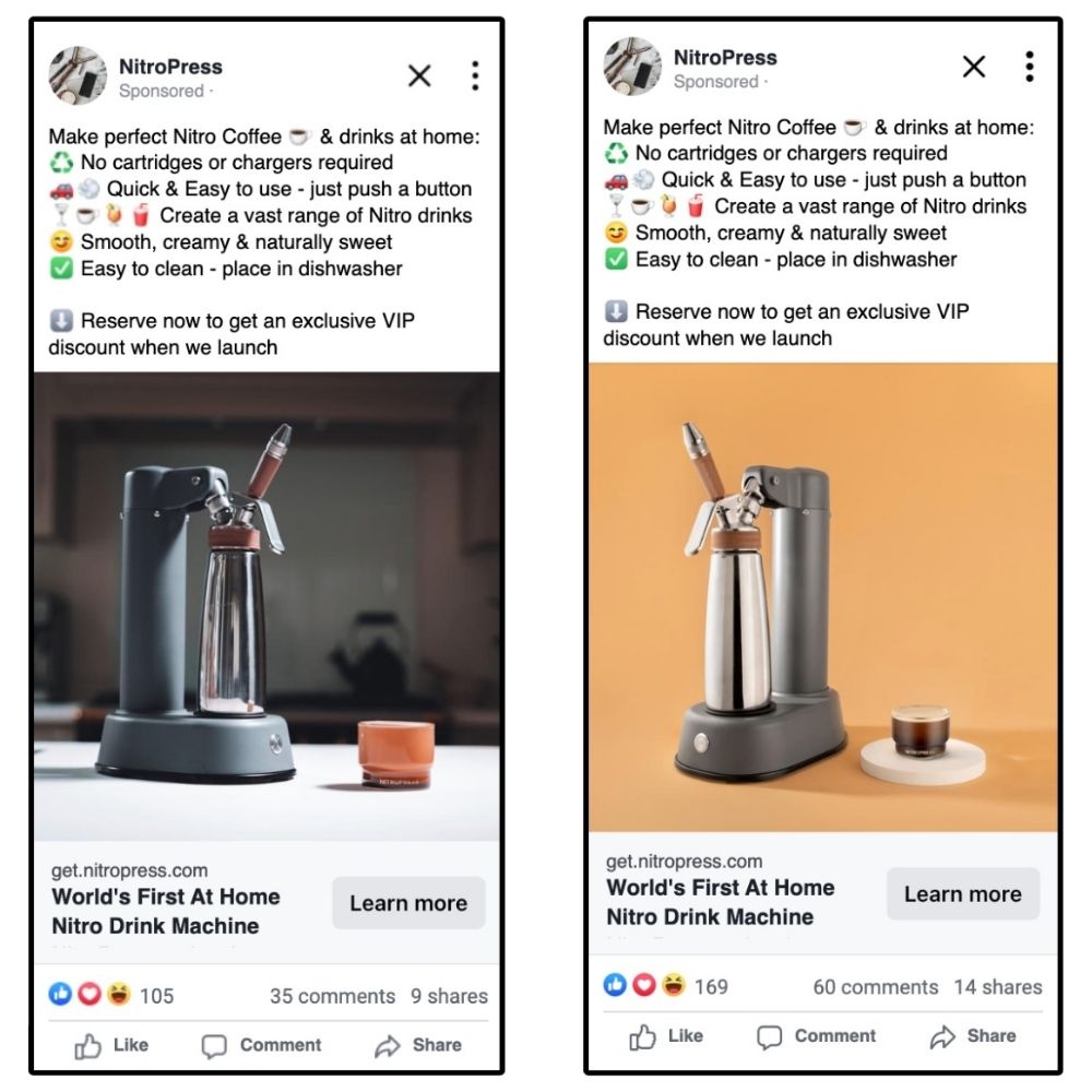 A side by side example of two Facebook ads for Nitropress.