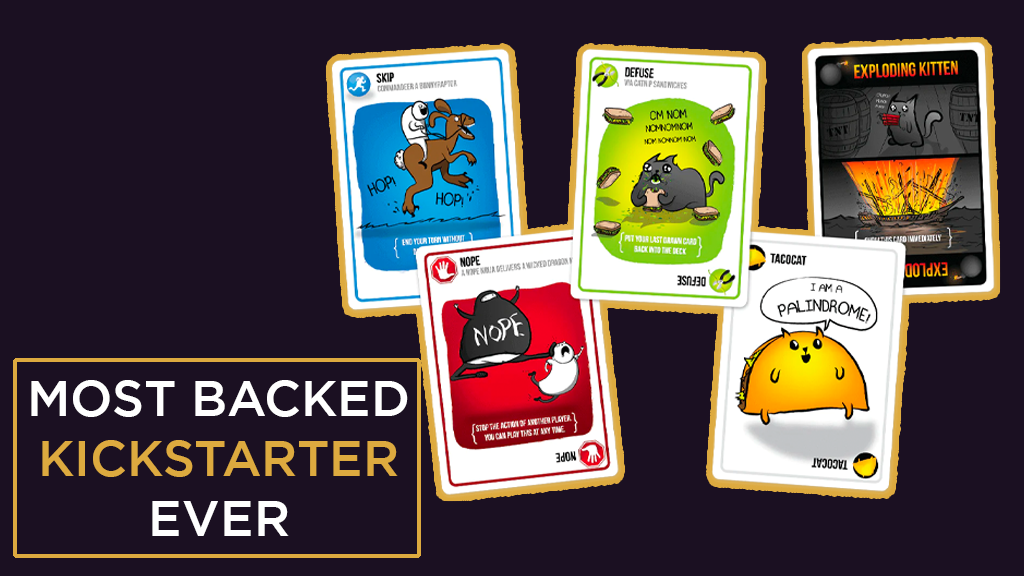 Five cards from the game Exploding Kittens are displayed against a black background. A caption in the bottom left corner reads: Most Backed Kickstarter Ever.