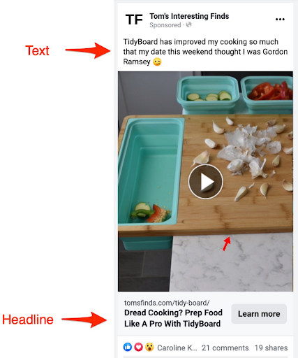 Screenshot of a Facebook ad for Tidy Board with red arrows showing that the text is at the top of the ad and the headline at the bottom.