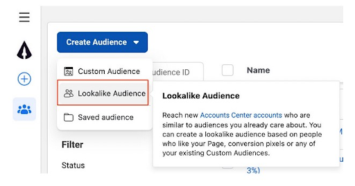 A screenshot of Facebook's look alike audience menu.