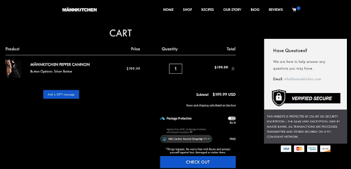 a screenshot of the pepper cannon cart page with an item in the cart.