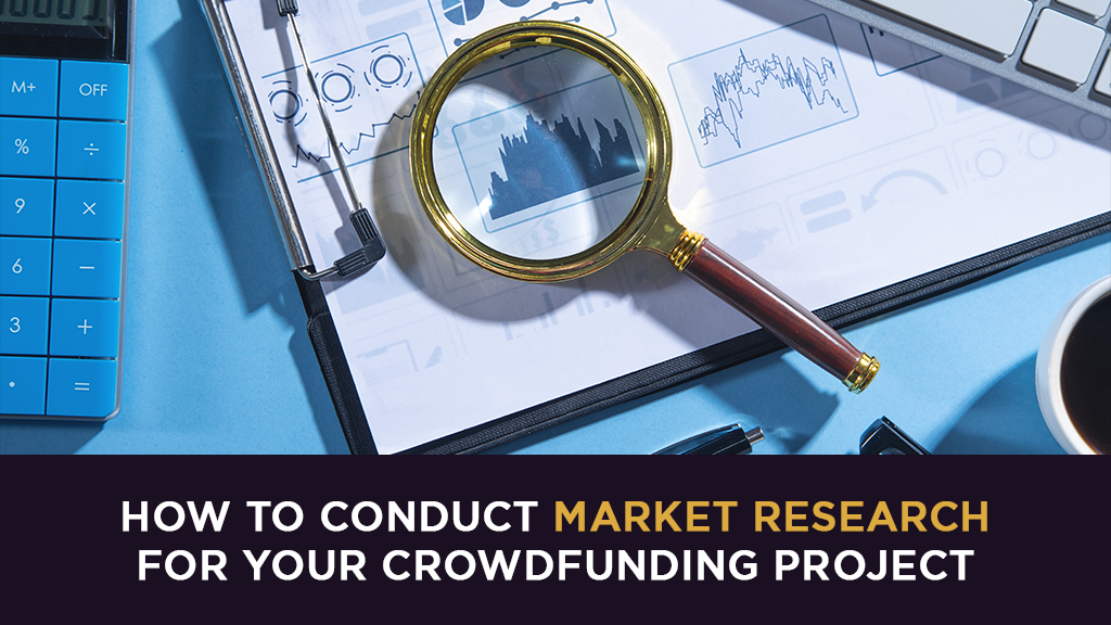 A magnifying glass sits on top of graph paper. The caption at the bottom reads How to Conduct Market Research for Your Crowdfunding Project
