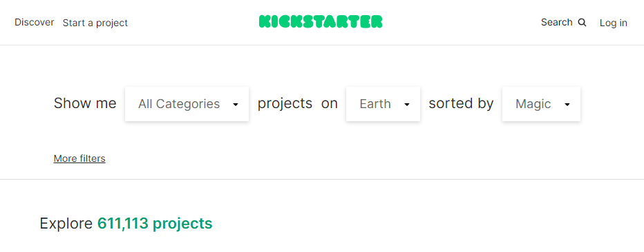 Kickstarter's campaign selection menu, showing that there are 611,113 current campaigns. 