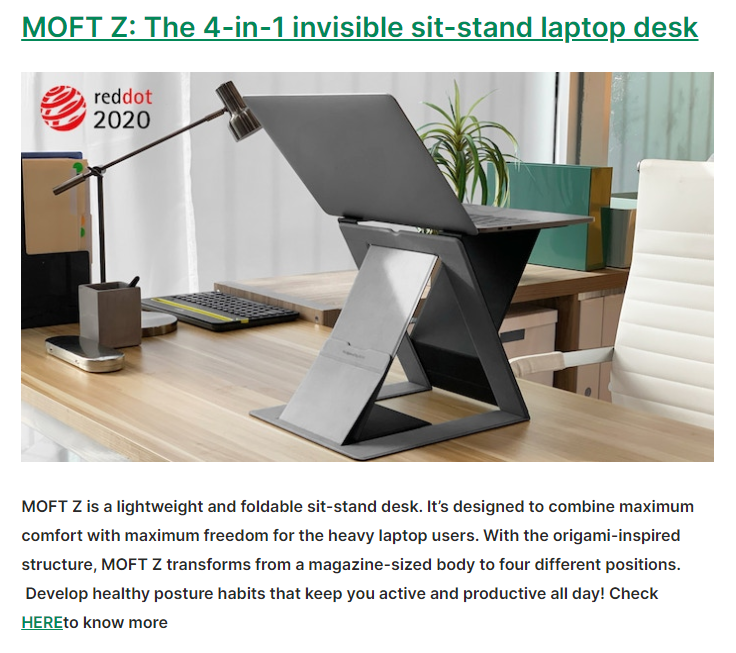 An ad for MOFT Z: The 4-IN-1 invisible sit-stand laptop desk. It depicts a laptop on a adjustable folding stand on top of a desk on a corporate office. 