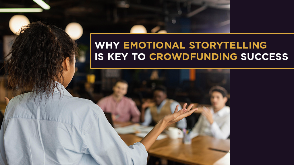 A busy office with a presenter in front of a crowd. The caption at the top reads: Why Emotional Storytelling is Key to Crowdfunding Success