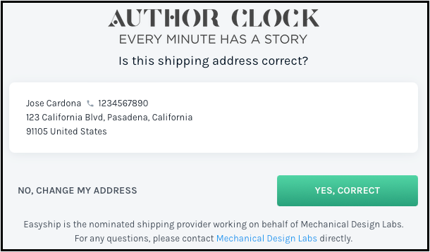 A change of address form labeled Author Clock 
