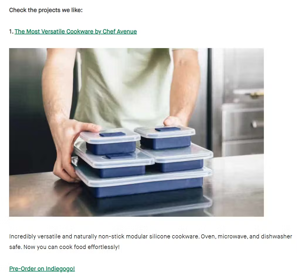 A photo of a male presenting person holding a stack of containers on a kitchen counter, inset in a screen capture of a Products We Like page.
