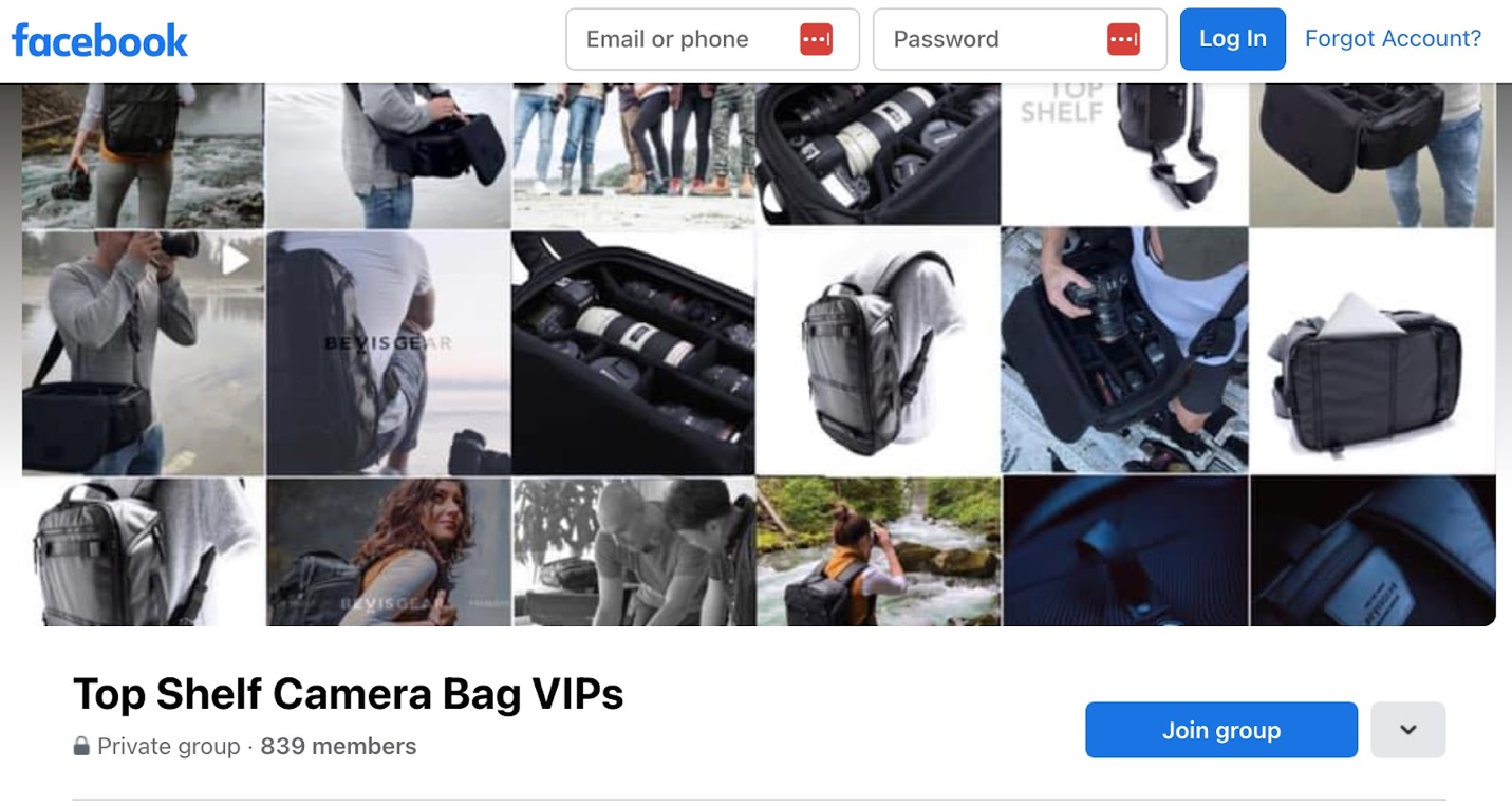 VIP Facebook group for the Top Shelf Camera Bag. 