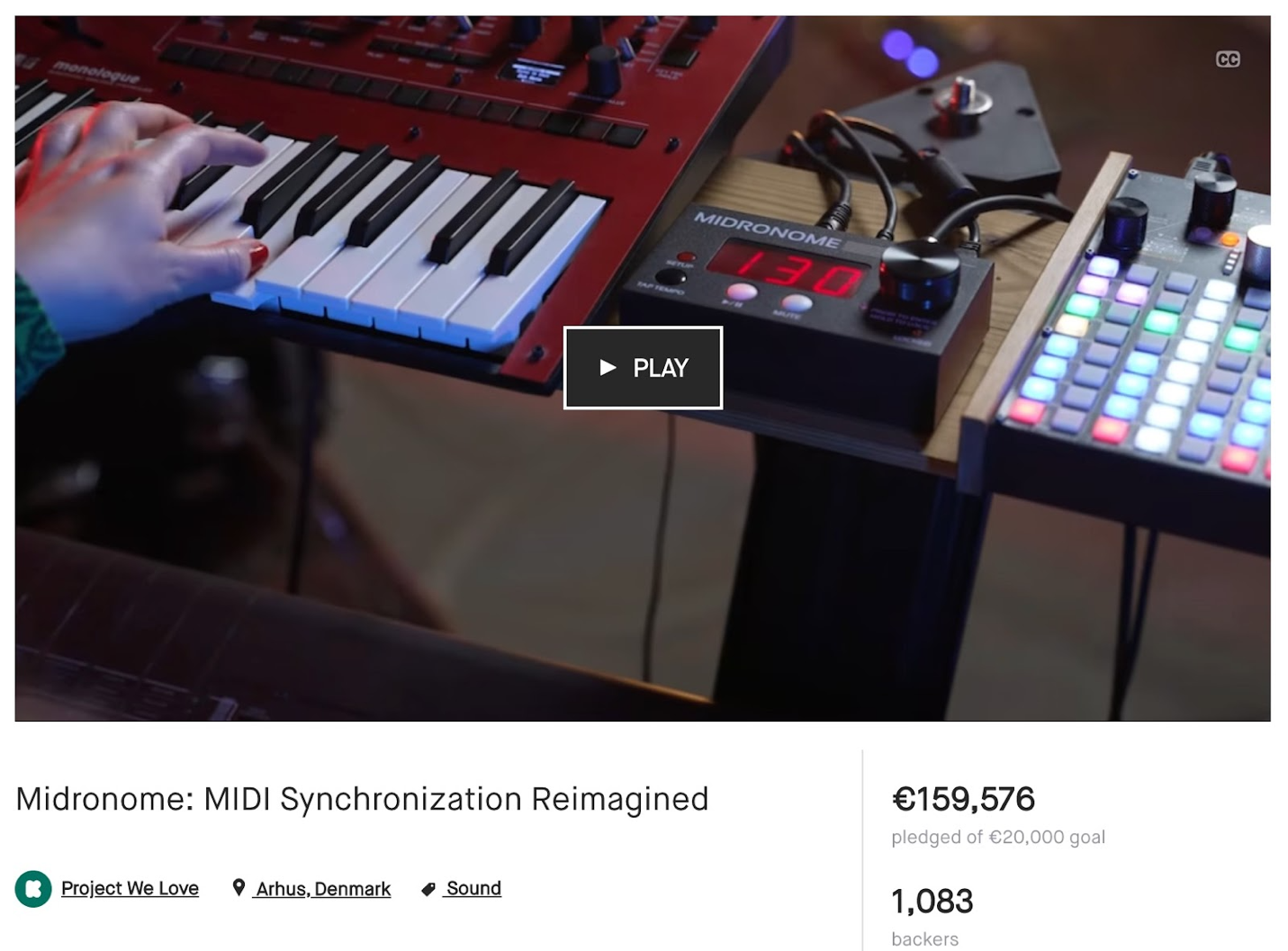 A picture of a hand playing a synth next to other DJ'ing tools. The bottom text reads "Midronome: MIDI Synchronization Reimagined"