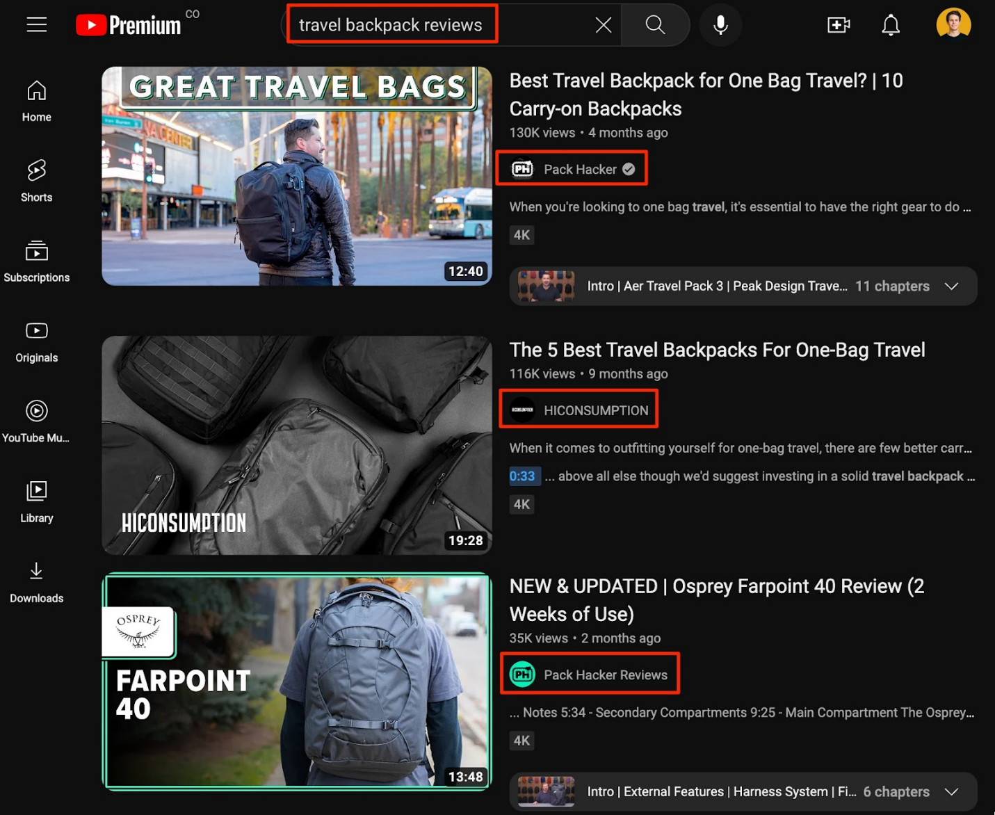 A YouTube search results page with the prompt "Travel Backpack Reviews".