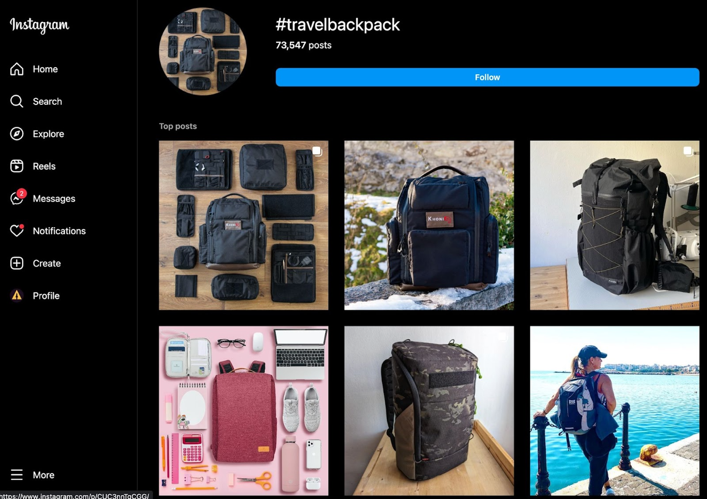 An Instagram hashtag search of #travelbackpack showing images of backpacks with that hashtag