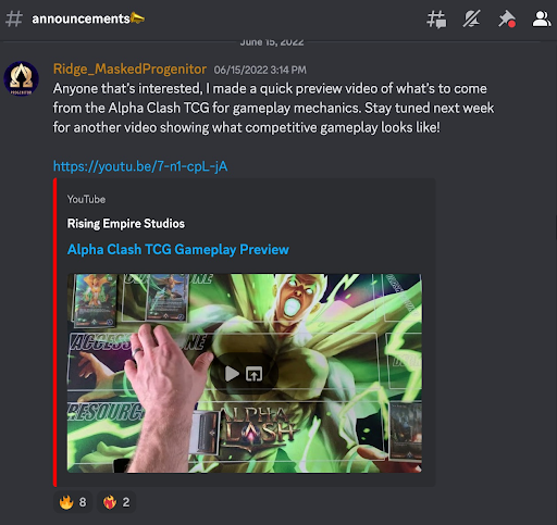 Alpha Clash Discord channel post about the mechanics of the game.