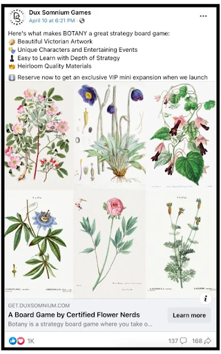 An ad from Facebook for Botany, depicting illustrations of flowers in the style of Victorian book.
