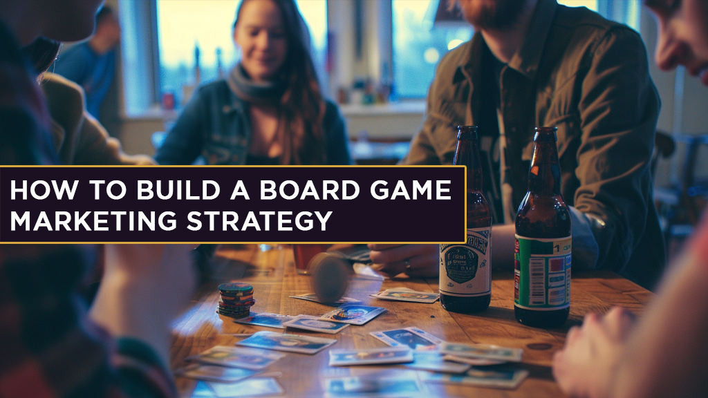 A blurry image of a group of people gathered around a table playing a board game. The caption reads: How to build a board game marketing strategy?